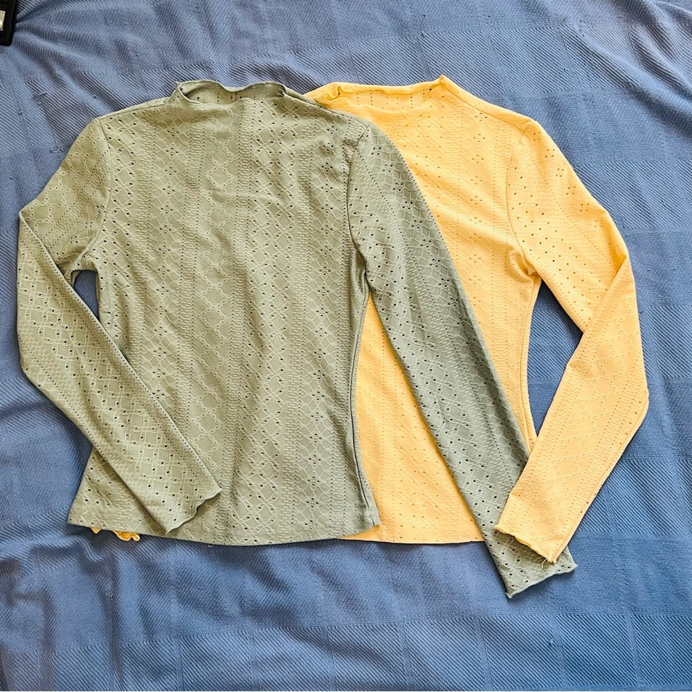 Women's Eyelet Long Sleeve Tops - Sage Green and  Light Yellow